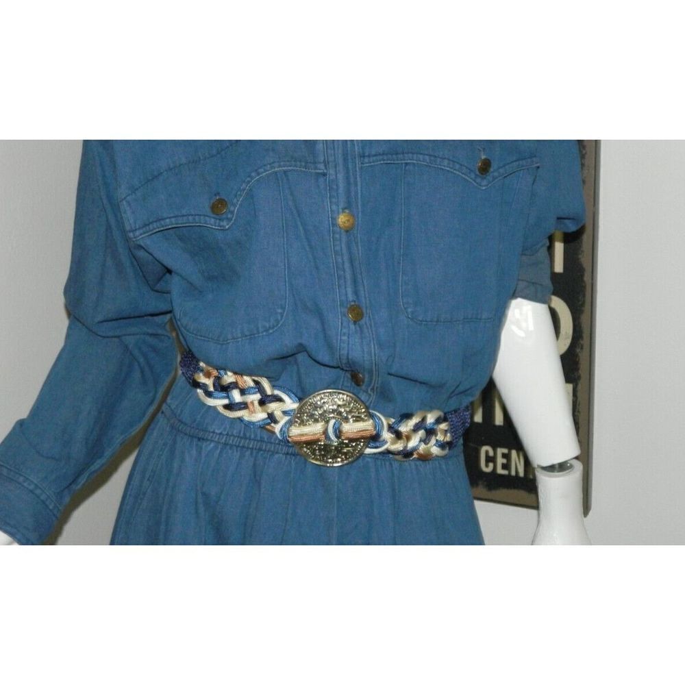 Vintage Belt Blue White Boho Braided Cord and Silver Metal Medallion XS/S